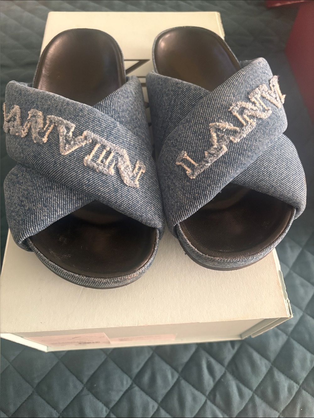Lanvin Embroidered Crossband Denim Slide Sandals - Blue Sz 40